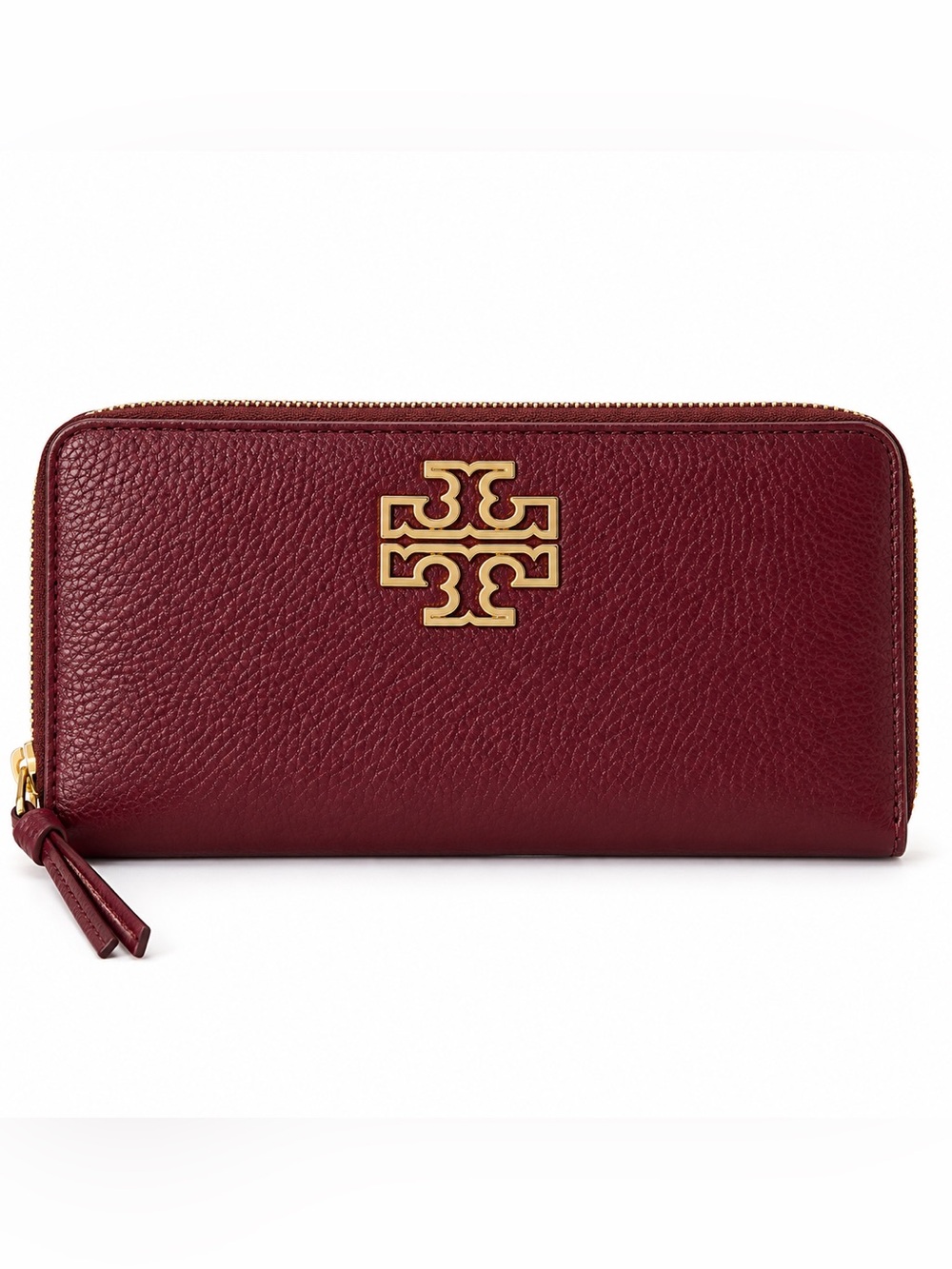 Tory Burch Burgundy Pebbled Leather Zip Around Continental Wallet